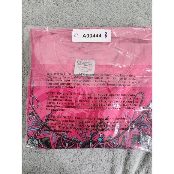 Vintage 90s ONEITA Glitter Feather Dream Catcher Graphic Tee Size L Pink Tribal - Picture 7 of 7
